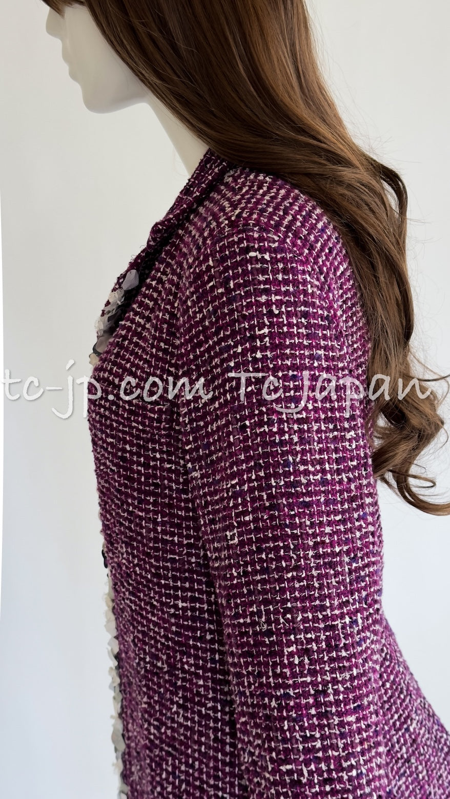 CHANEL 09S Purple Cotton Wool Tweed Sequin Trim Coat 44 46 シャネル パープル コットン ウール ツイード スパンコール トリム コート 即発