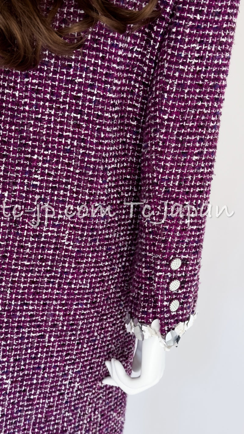 CHANEL 09S Purple Cotton Wool Tweed Sequin Trim Coat 44 46 シャネル パープル コットン ウール ツイード スパンコール トリム コート 即発