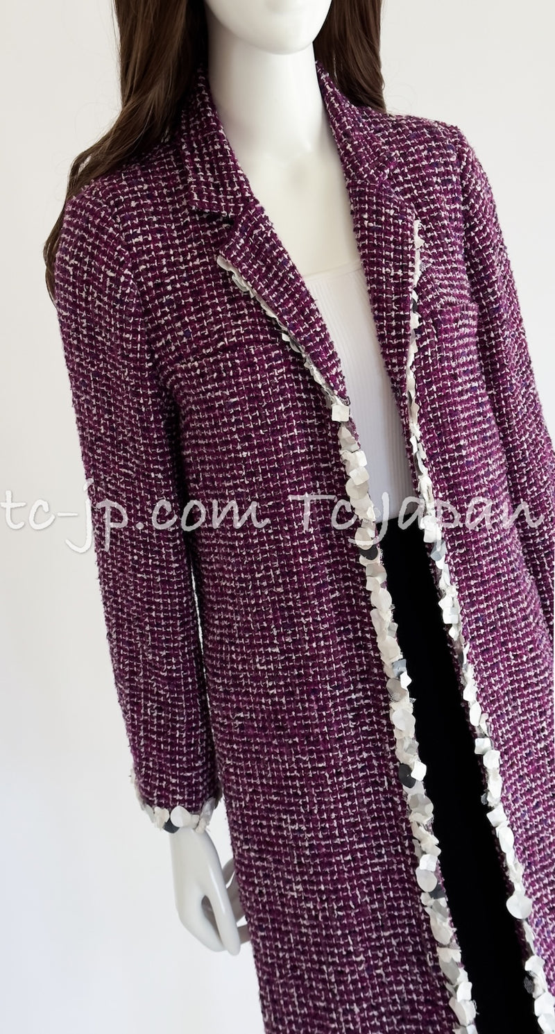 CHANEL 09S Purple Cotton Wool Tweed Sequin Trim Coat 44 46 シャネル パープル コットン ウール ツイード スパンコール トリム コート 即発