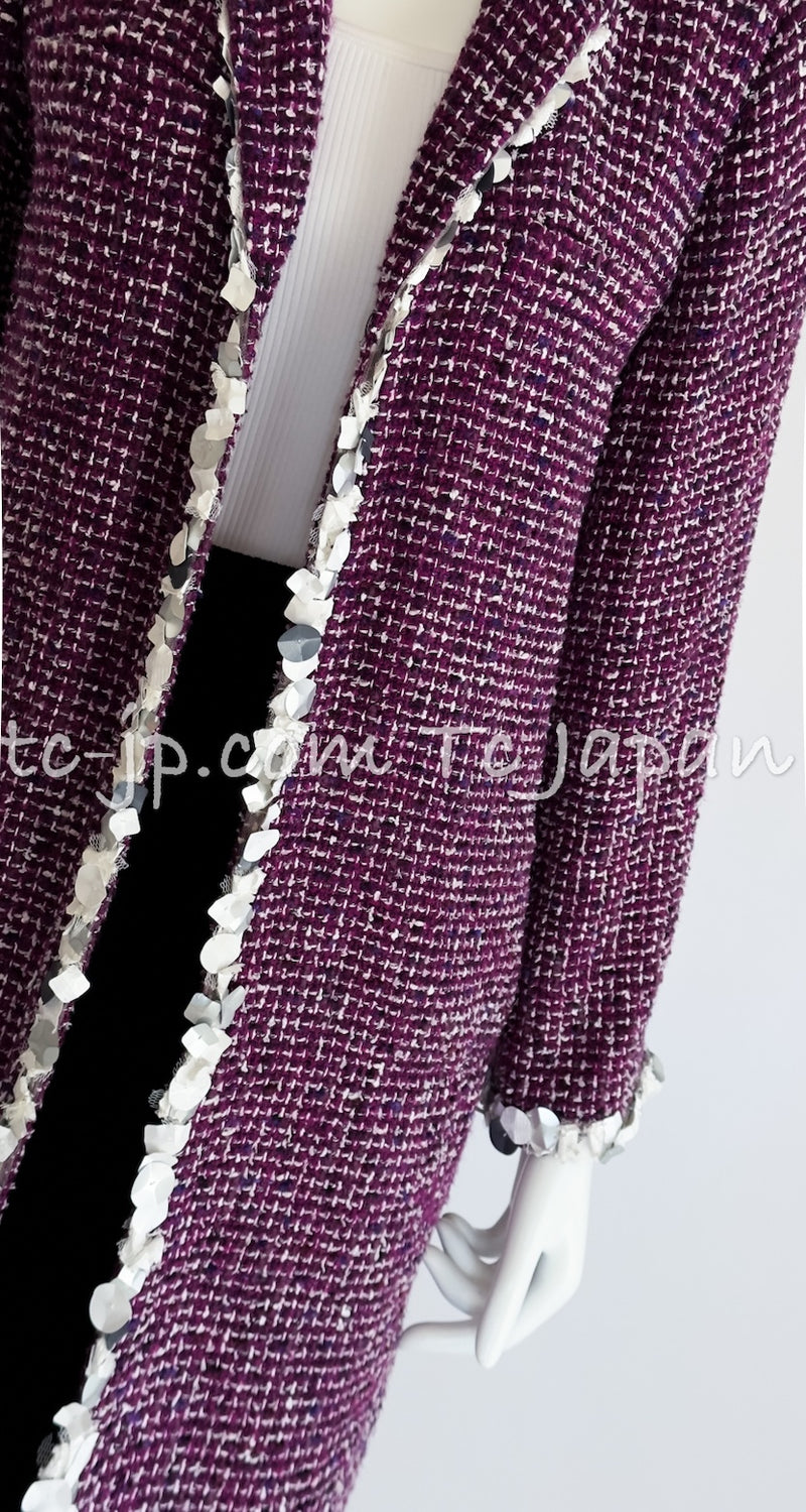 CHANEL 09S Purple Cotton Wool Tweed Sequin Trim Coat 44 46 シャネル パープル コットン ウール ツイード スパンコール トリム コート 即発