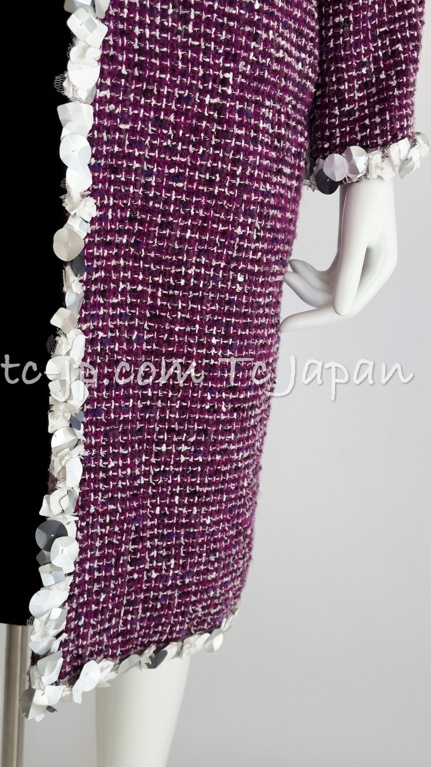 CHANEL 09S Purple Cotton Wool Tweed Sequin Trim Coat 44 46 シャネル パープル コットン ウール ツイード スパンコール トリム コート 即発