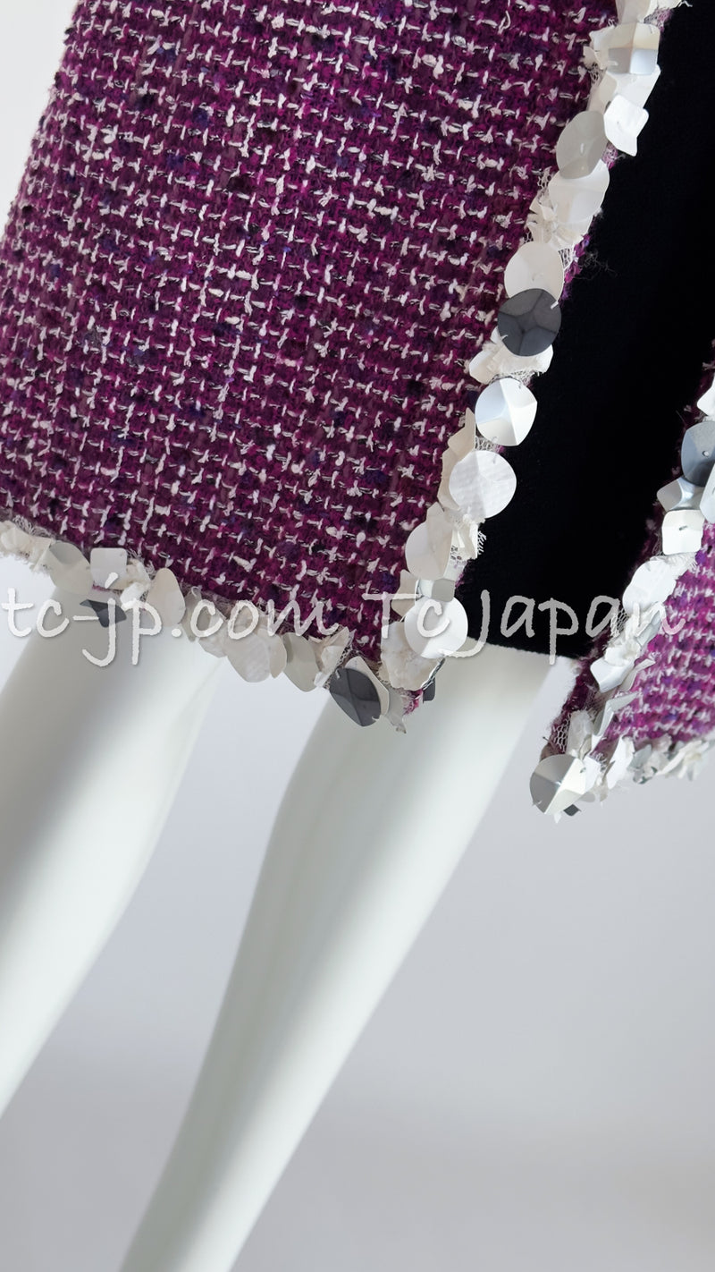 CHANEL 09S Purple Cotton Wool Tweed Sequin Trim Coat 44 46 シャネル パープル コットン ウール ツイード スパンコール トリム コート 即発