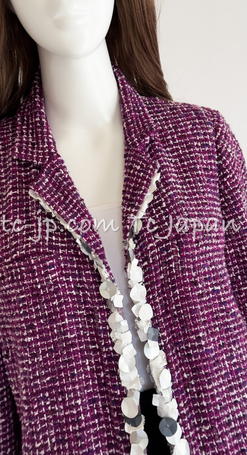 CHANEL 09S Purple Cotton Wool Tweed Sequin Trim Coat 44 46 シャネル パープル コットン ウール ツイード スパンコール トリム コート 即発