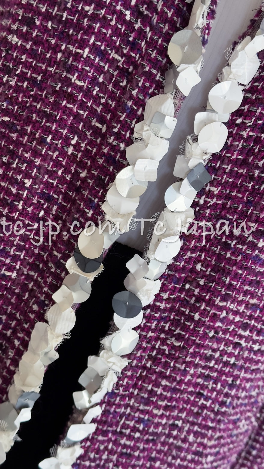 CHANEL 09S Purple Cotton Wool Tweed Sequin Trim Coat 44 46 シャネル パープル コットン ウール ツイード スパンコール トリム コート 即発