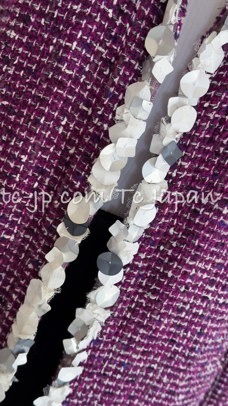 CHANEL 09S Purple Cotton Wool Tweed Sequin Trim Coat 44 46 シャネル パープル コットン ウール ツイード スパンコール トリム コート 即発