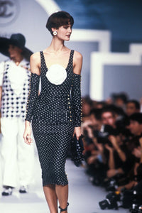 CHANEL 89S Vintage Navy Gray Wool Dot Print Dress 34 36 シャネル ヴィンテージ ネイビー グレー ウール ドット柄 ワンピース 即発