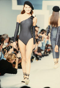 CHANEL 89S Vintage Navy Gray Wool Dot Print Dress 34 36 シャネル ヴィンテージ ネイビー グレー ウール ドット柄 ワンピース 即発