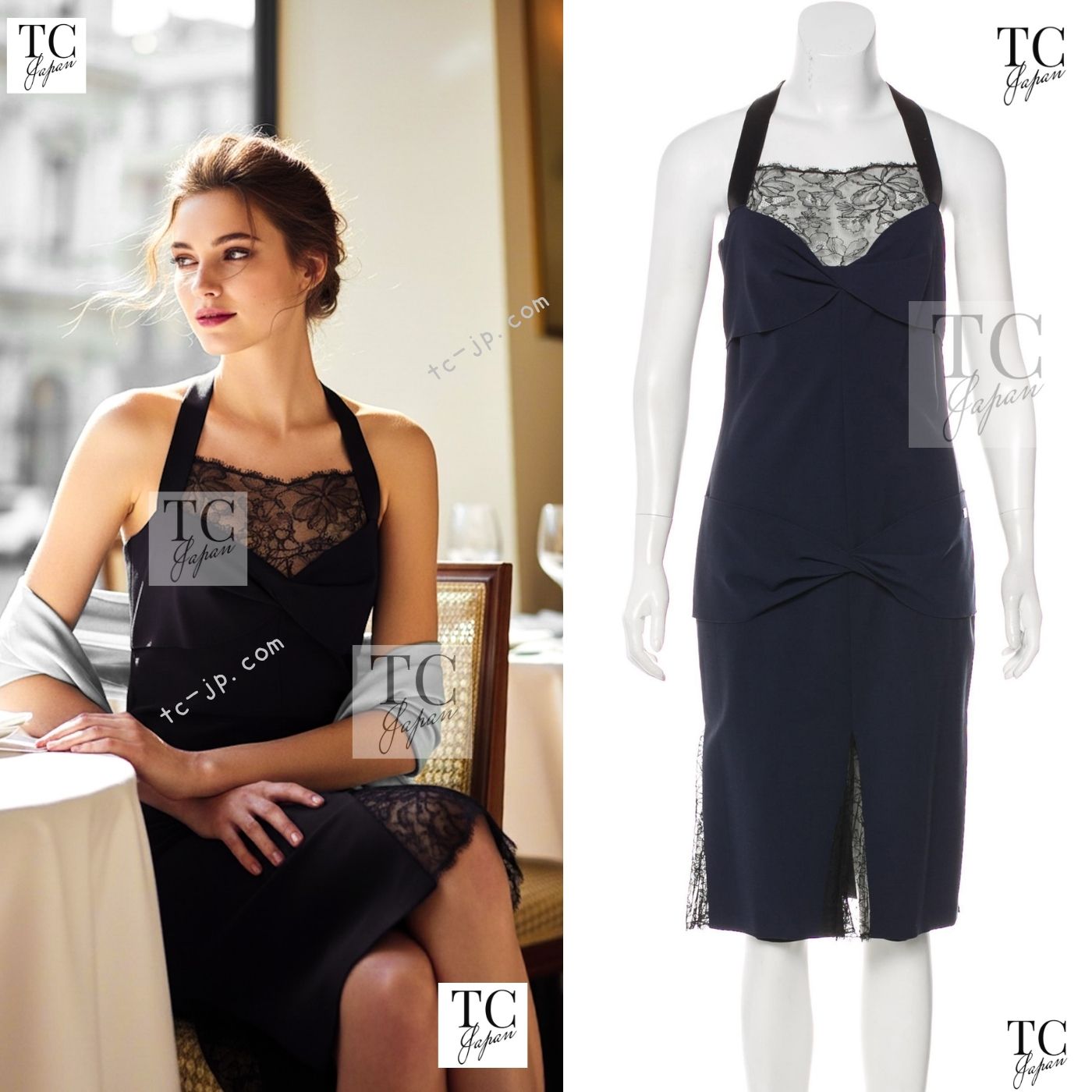 CHANEL 04A Navy Black Lace Dress Kate Hudson 38 40 シャネル ネイビー ブラック レース ワンピース 女優着用 即発