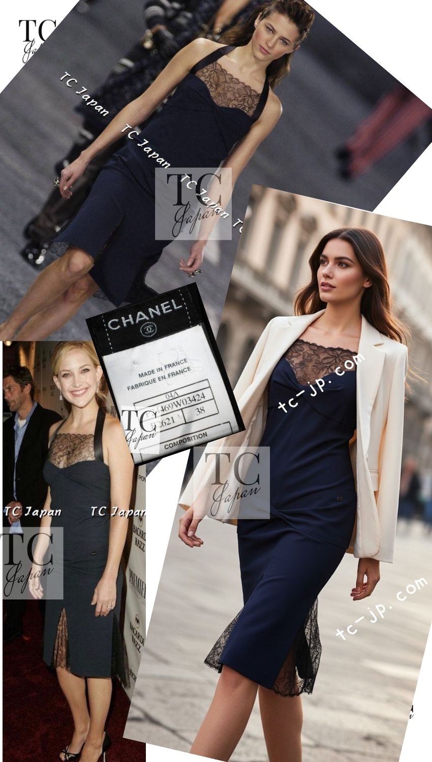 CHANEL 04A Navy Black Lace Dress Kate Hudson 38 40 シャネル ネイビー ブラック レース ワンピース 女優着用 即発