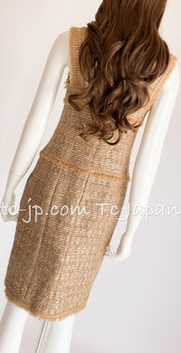 CHANEL 05S Gold Metallic Woven Tweed Dress 38 40 シャネル ゴールド メタリック ツイード ワンピース 即発