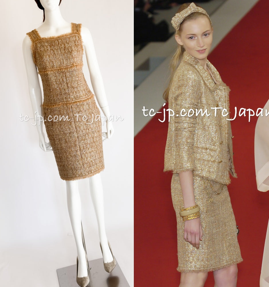 CHANEL 05S Gold Metallic Woven Tweed Dress 38 40 シャネル ゴールド メタリック ツイード ワンピース 即発 - TC JAPAN