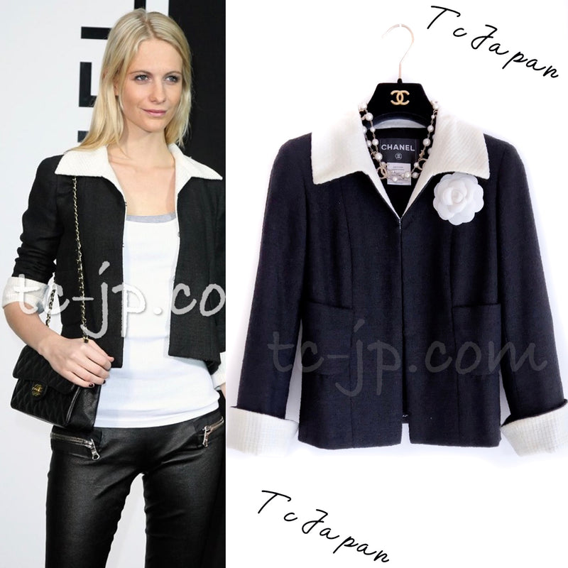 CHANEL 09S Black Ivory Two Tone Color Jacket 36 38 シャネル ブラック アイボリー 黒白 ツートンカラー ジャケット 即発