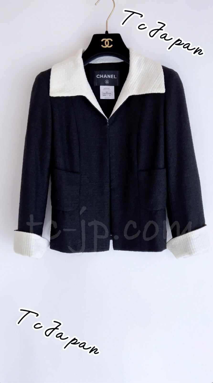 CHANEL 09S Black Ivory Two Tone Color Jacket 36 38 シャネル ブラック アイボリー 黒白 ツートンカラー ジャケット 即発