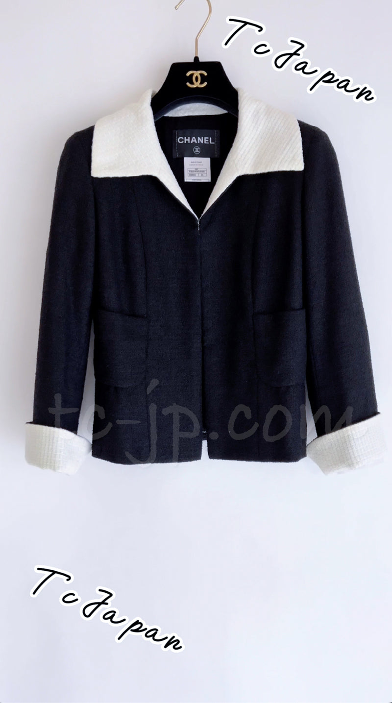CHANEL 09S Black Ivory Two Tone Color Jacket 36 38 シャネル ブラック アイボリー 黒白 ツートンカラー ジャケット 即発