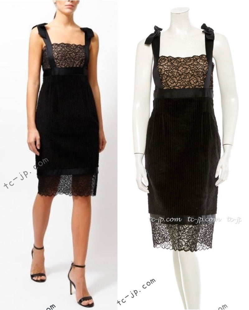 CHANEL 07A Black Lace Velvet Party Cocktail Dress 40 42 シャネル スーパーモデル レース ブラック ベルベット ドレス ワンピース 即発