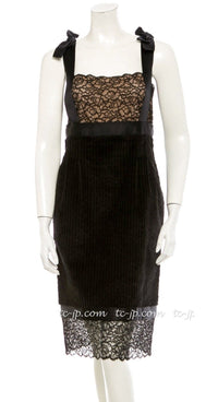 CHANEL 07A Black Lace Velvet Party Cocktail Dress 40 42 シャネル スーパーモデル レース ブラック ベルベット ドレス ワンピース 即発