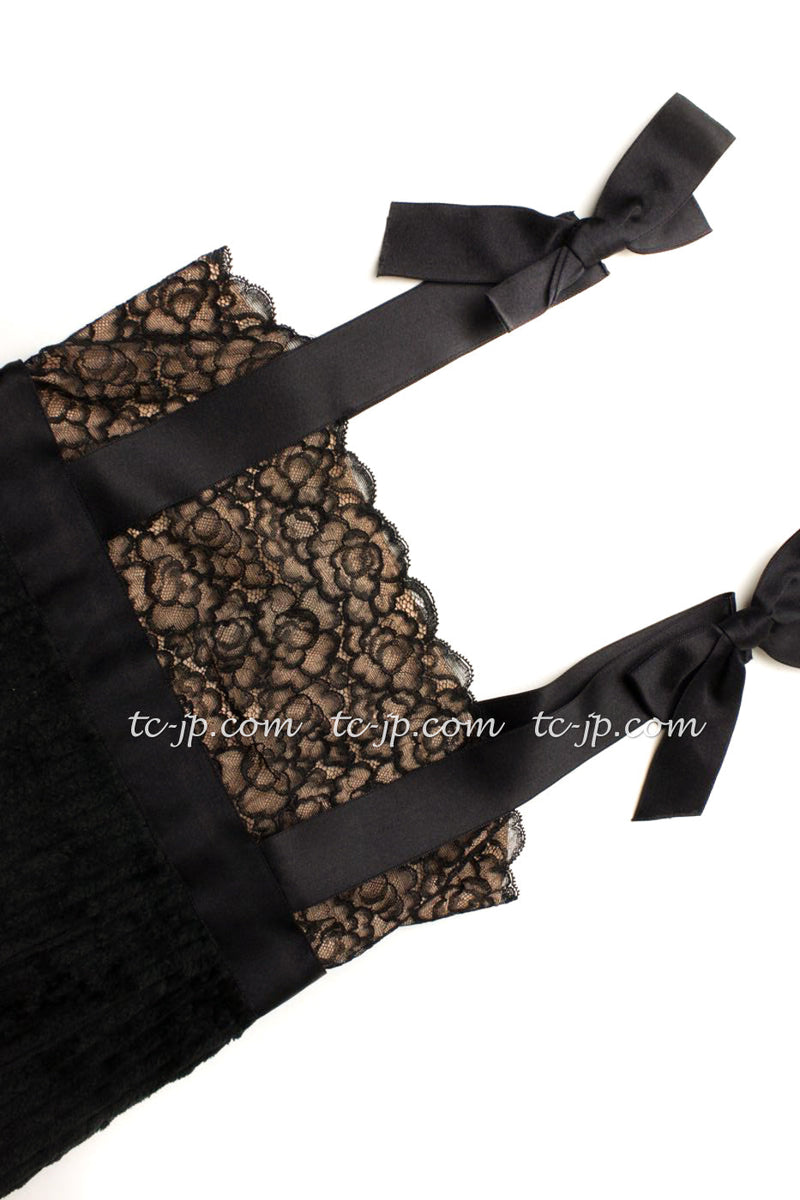 CHANEL 07A Black Lace Velvet Party Cocktail Dress 40 42 シャネル スーパーモデル レース ブラック ベルベット ドレス ワンピース 即発
