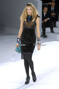 CHANEL 07A Black Lace Velvet Party Cocktail Dress 40 42 シャネル スーパーモデル レース ブラック ベルベット ドレス ワンピース 即発