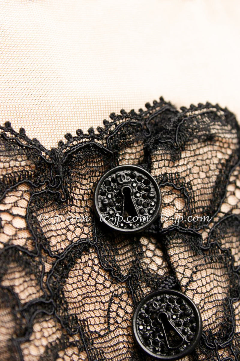 CHANEL 07A Black Lace Velvet Party Cocktail Dress 40 42 シャネル スーパーモデル レース ブラック ベルベット ドレス ワンピース 即発