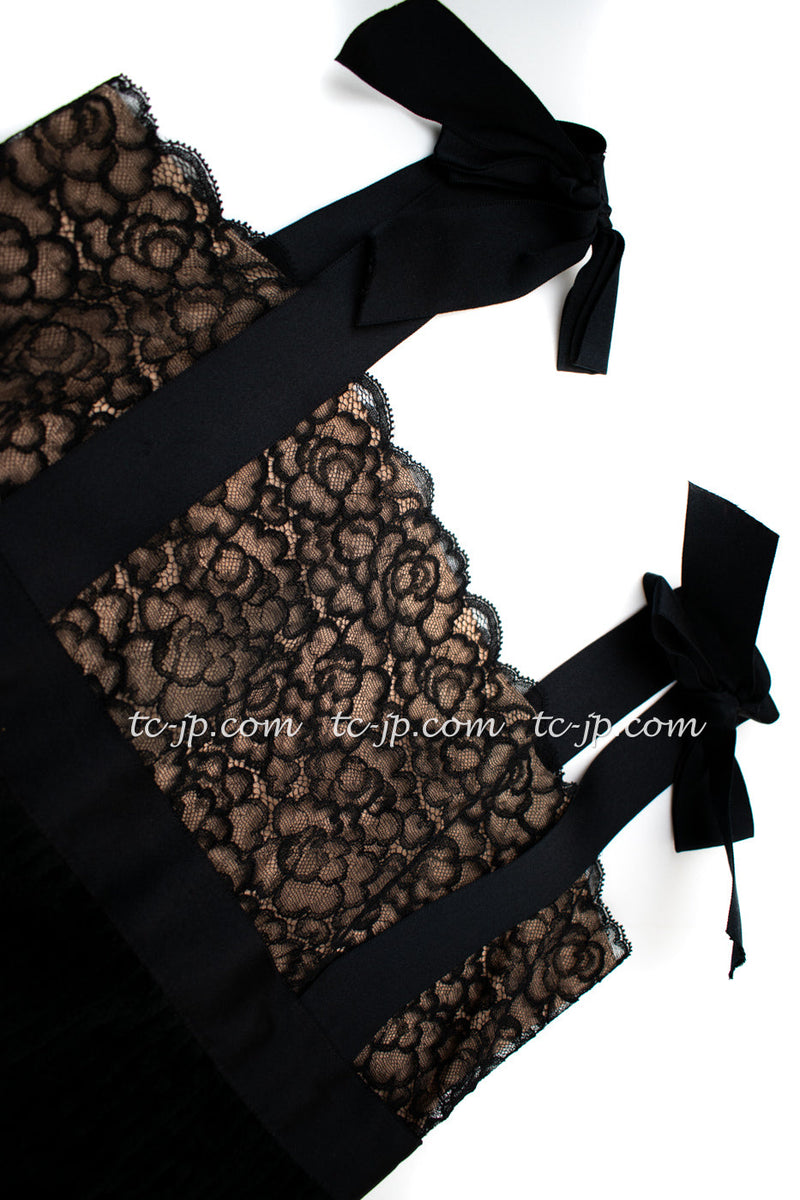 CHANEL 07A Black Lace Velvet Party Cocktail Dress 40 42 シャネル スーパーモデル レース ブラック ベルベット ドレス ワンピース 即発