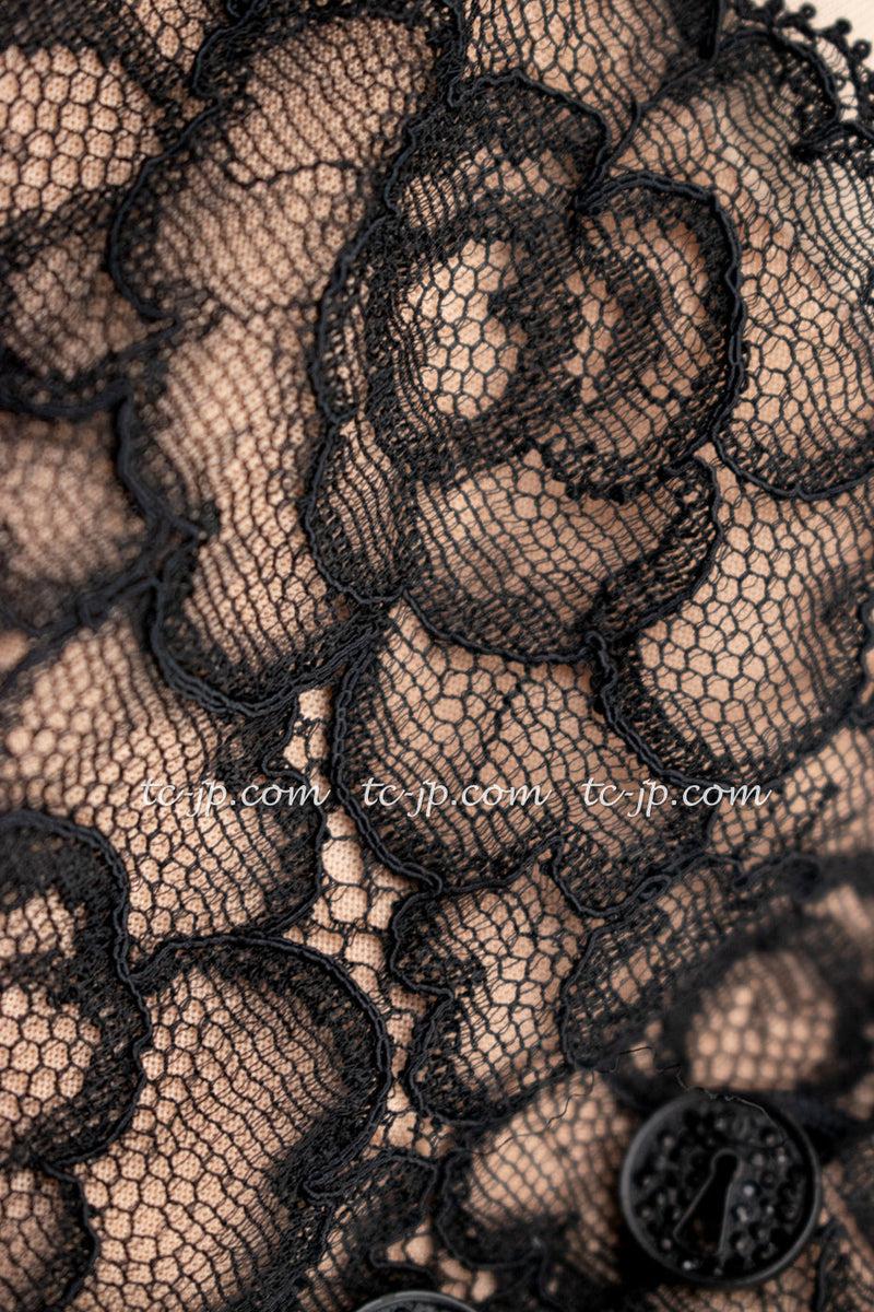 CHANEL 07A Black Lace Velvet Party Cocktail Dress 40 42 シャネル スーパーモデル レース ブラック ベルベット ドレス ワンピース 即発