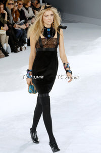 CHANEL 07A Black Lace Velvet Party Cocktail Dress 40 42 シャネル スーパーモデル レース ブラック ベルベット ドレス ワンピース 即発