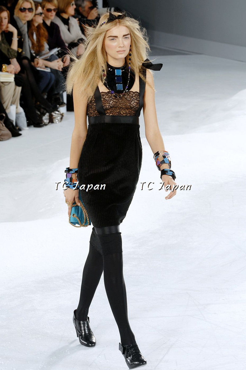 CHANEL 07A Black Lace Velvet Party Cocktail Dress 40 42 シャネル スーパーモデル レース ブラック ベルベット ドレス ワンピース 即発