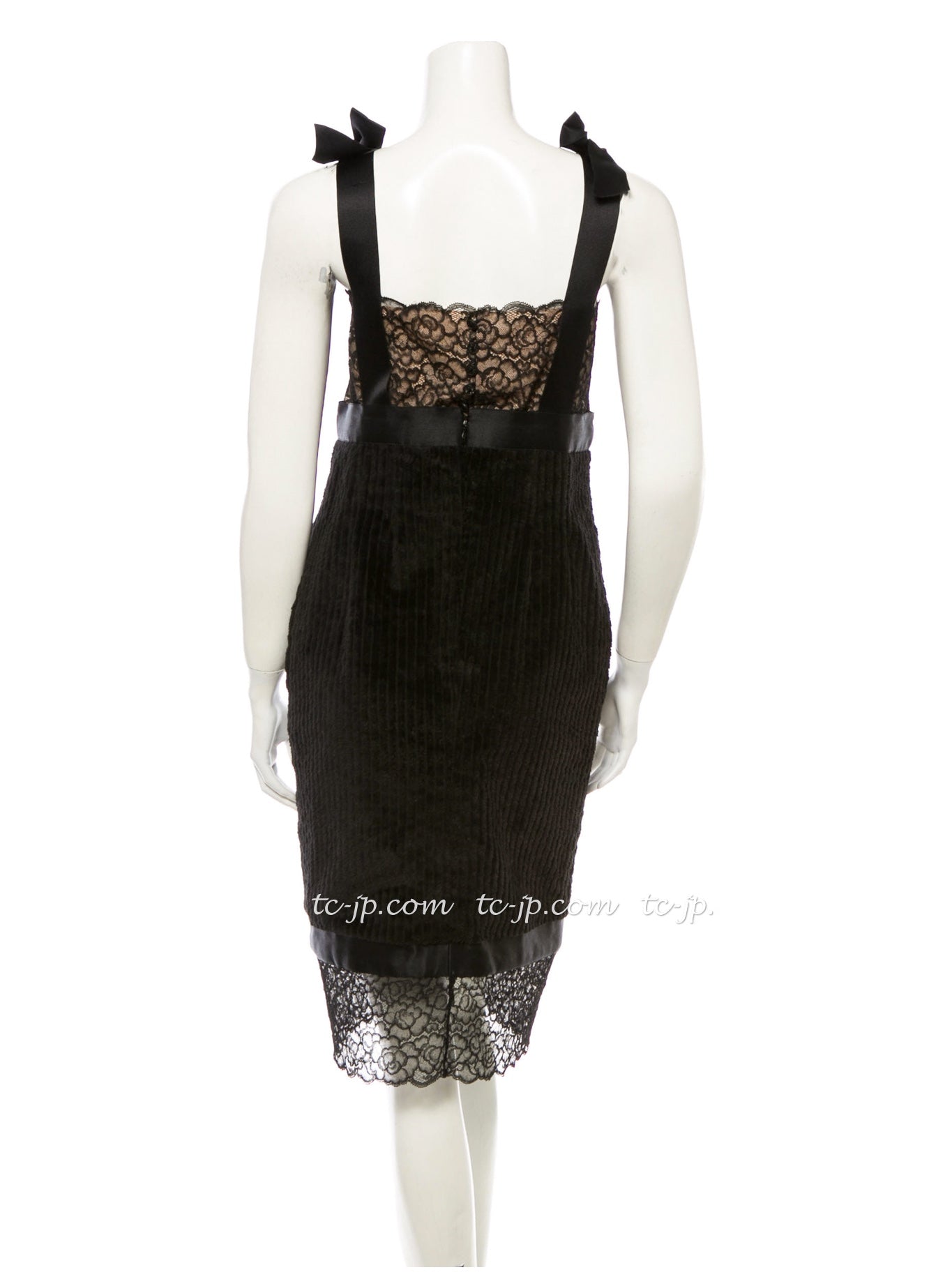 CHANEL 07A Black Lace Velvet Party Cocktail Dress 40 42 シャネル スーパーモデル レース ブラック ベルベット ドレス ワンピース 即発