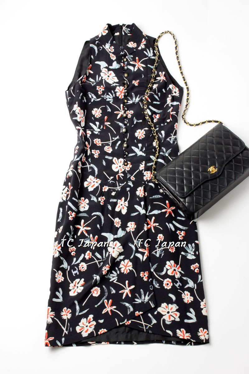 CHANEL 97S Vintage Navy Sleeveless Flower Silk Dress 38 シャネル ヴィンテージ ネイビー ノースリーブ 花柄 シルク ワンピース