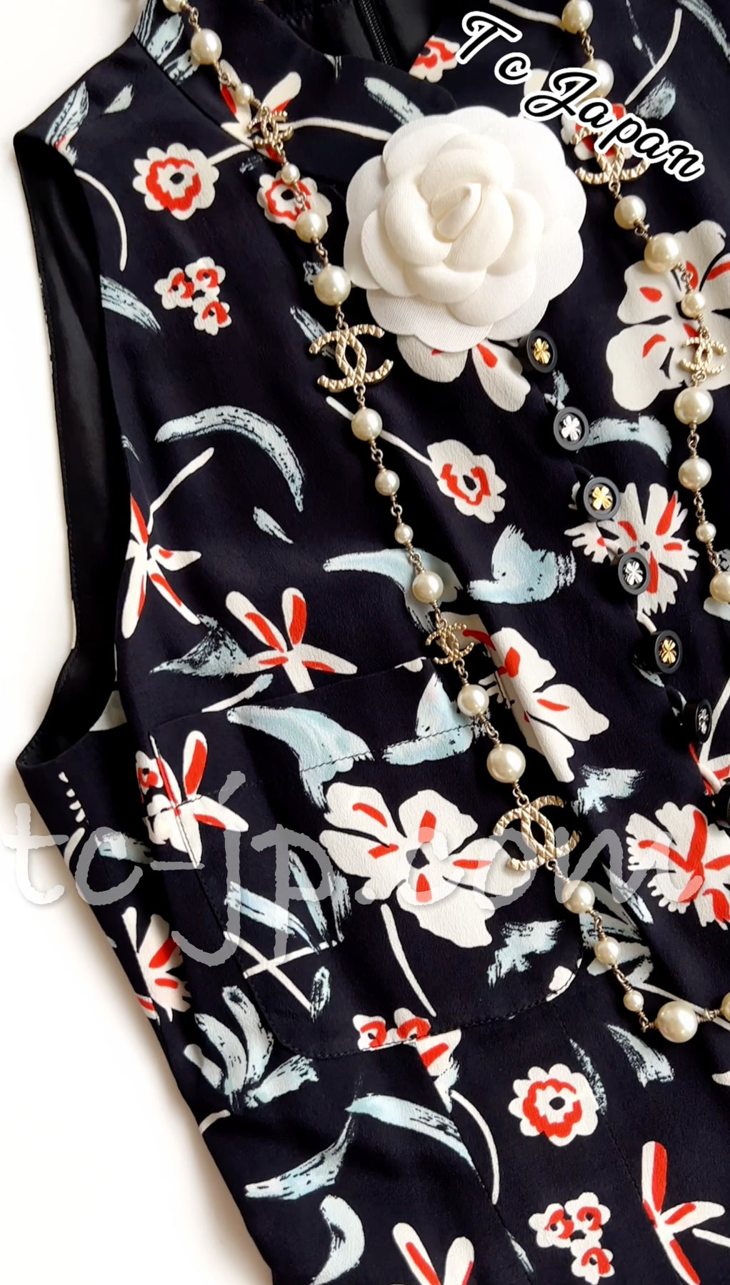 CHANEL 97S Vintage Navy Sleeveless Flower Silk Dress 38 シャネル ヴィンテージ ネイビー ノースリーブ 花柄 シルク ワンピース - TC JAPAN