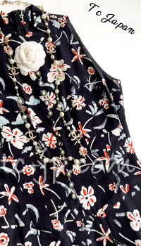 CHANEL 97S Vintage Navy Sleeveless Flower Silk Dress 38 シャネル ヴィンテージ ネイビー ノースリーブ 花柄 シルク ワンピース - TC JAPAN