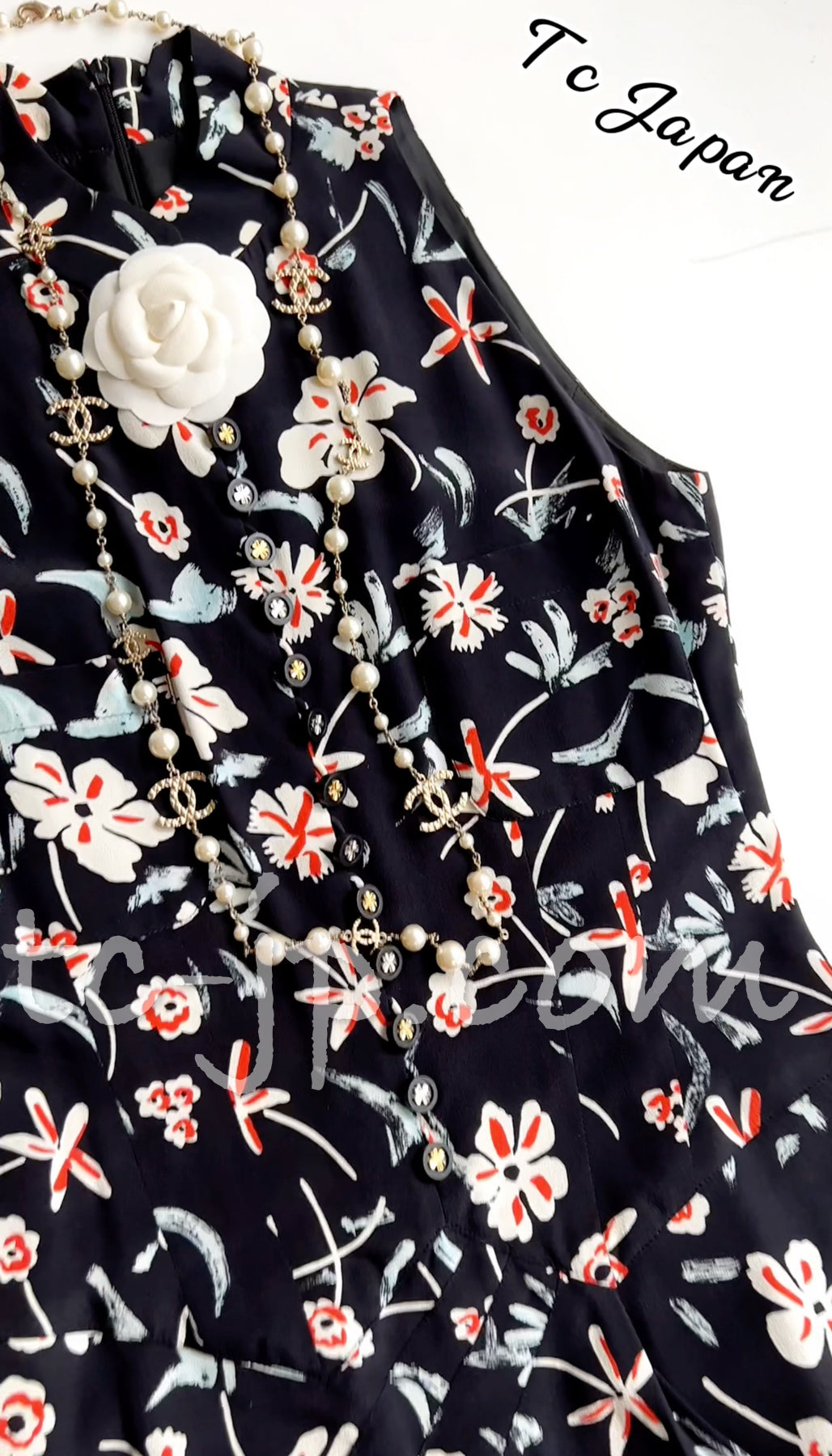 CHANEL 97S Vintage Navy Sleeveless Flower Silk Dress 38 シャネル ヴィンテージ ネイビー ノースリーブ 花柄 シルク ワンピース - TC JAPAN