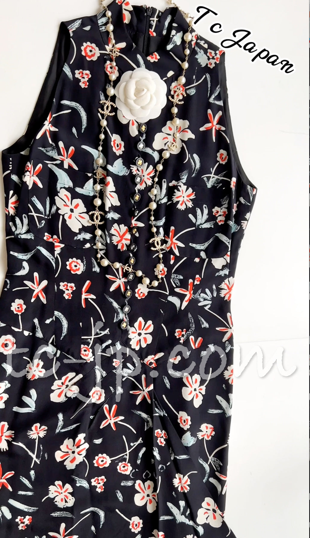 CHANEL 97S Vintage Navy Sleeveless Flower Silk Dress 38 シャネル ヴィンテージ ネイビー ノースリーブ 花柄 シルク ワンピース