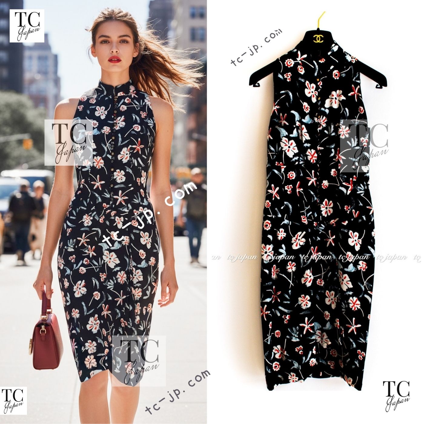 CHANEL 97S Vintage Navy Sleeveless Flower Silk Dress 38 シャネル ヴィンテージ ネイビー ノースリーブ 花柄 シルク ワンピース