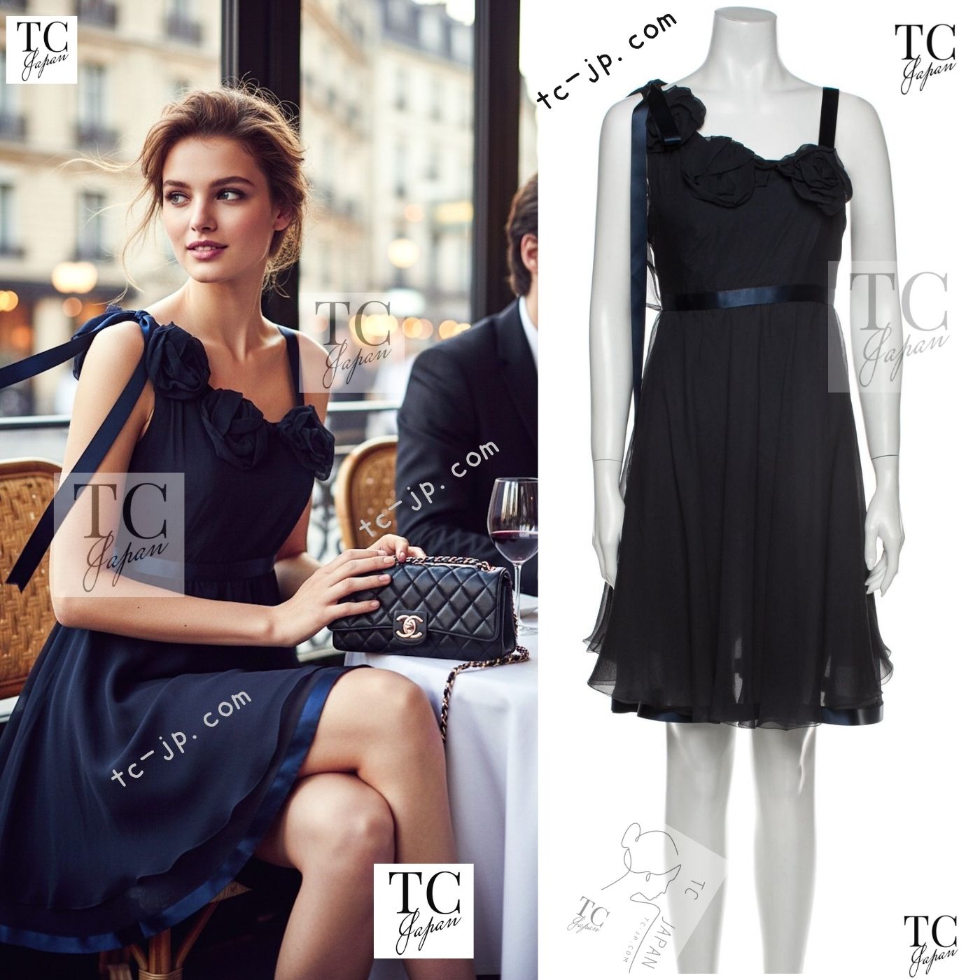CHANEL 07S Dark Navy Silk Camellia Dress 34 42 シャネル ダークネイビー シルク カメリア ワンピース ドレス 即発