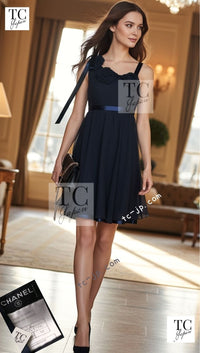 CHANEL 07S Dark Navy Silk Camellia Dress 34 シャネル ダークネイビー シルク カメリア ワンピース ドレス 即発