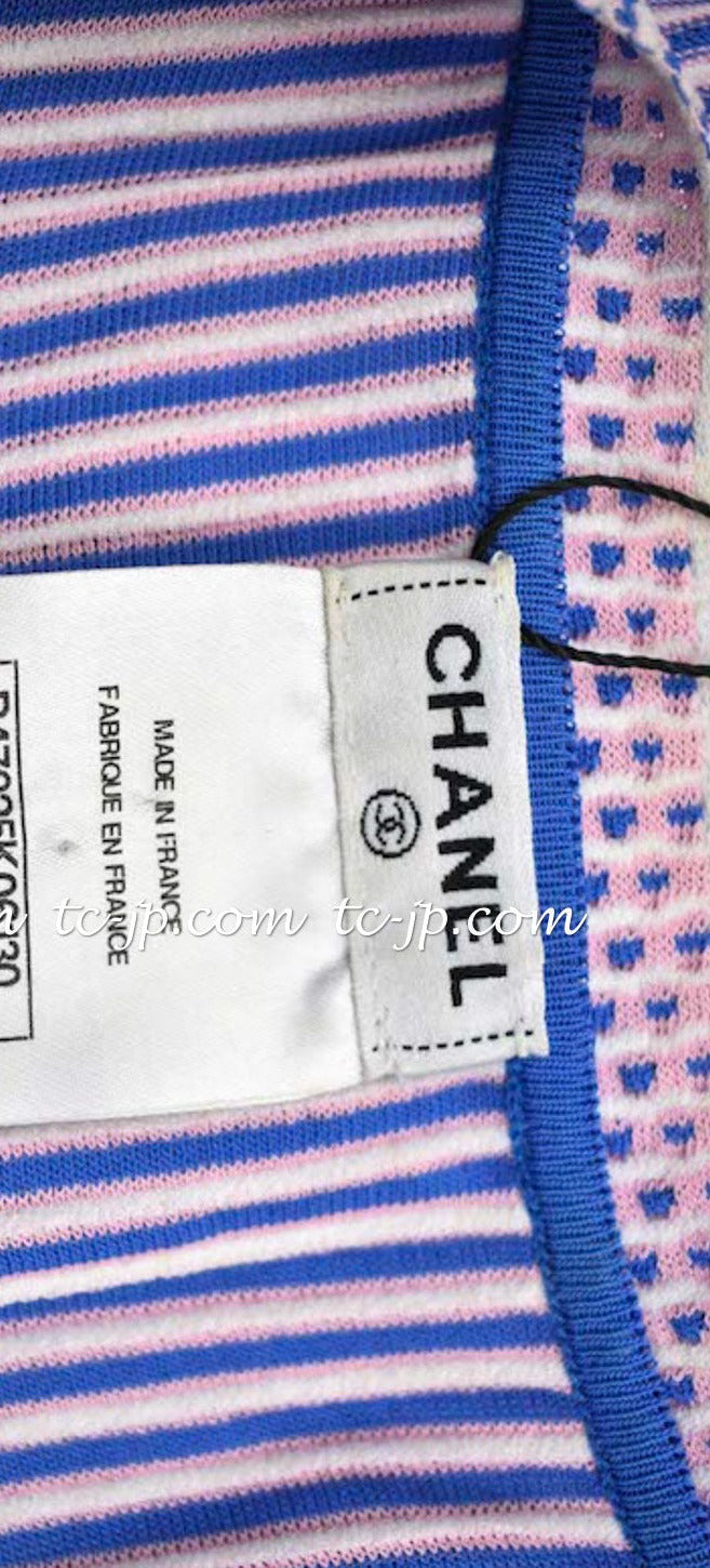 CHANEL 14S Pale Blue Stripe Boat Neck Stretch Knit Dress 40 42 シャネル ペール ブルー ストライプ ストレッチ ニット ワンピース 即発