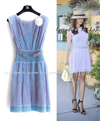 CHANEL 14S Pale Blue Stripe Boat Neck Stretch Knit Dress 40 42 シャネル ペール ブルー ストライプ ストレッチ ニット ワンピース 即発