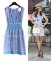 CHANEL 14S Pale Blue Stripe Boat Neck Stretch Knit Dress 40 42 シャネル ペール ブルー ストライプ ストレッチ ニット ワンピース 即発