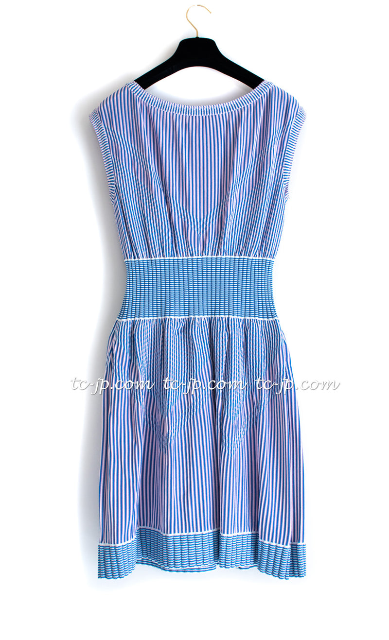 CHANEL 14S Pale Blue Stripe Boat Neck Stretch Knit Dress 40 42 シャネル ペール ブルー ストライプ ストレッチ ニット ワンピース 即発