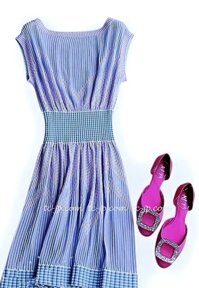 CHANEL 14S Pale Blue Stripe Boat Neck Stretch Knit Dress 40 42 シャネル ペール ブルー ストライプ ストレッチ ニット ワンピース 即発