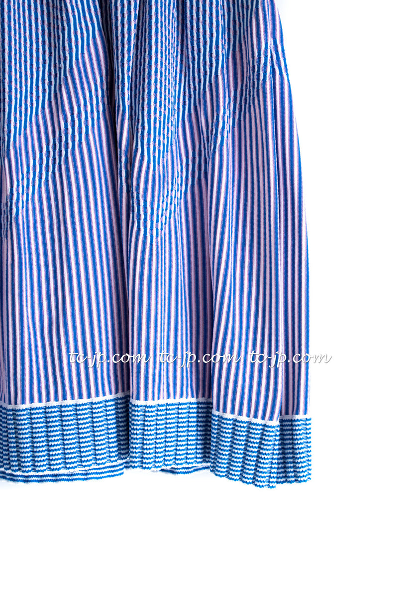 CHANEL 14S Pale Blue Stripe Boat Neck Stretch Knit Dress 40 42 シャネル ペール ブルー ストライプ ストレッチ ニット ワンピース 即発