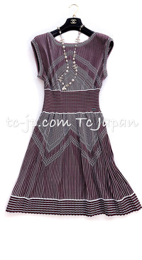 CHANEL 14S Wine Red White Stripe Stretch Knit Dress 40 42 シャネル ワイン レッド ホワイト ストライプ ストレッチ ニット ワンピース 即発