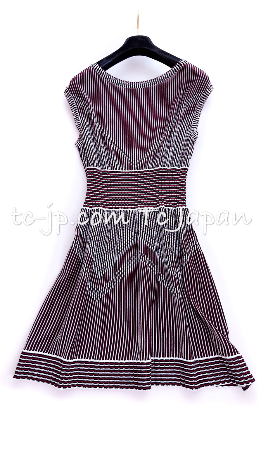 CHANEL 14S Wine Red White Stripe Stretch Knit Dress 40 42 シャネル ワイン レッド ホワイト ストライプ ストレッチ ニット ワンピース 即発