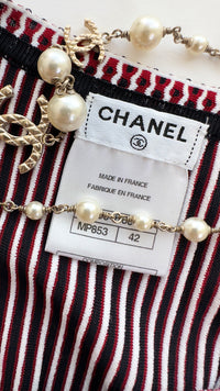 CHANEL 14S Wine Red White Stripe Stretch Knit Dress 40 42 シャネル ワイン レッド ホワイト ストライプ ストレッチ ニット ワンピース 即発