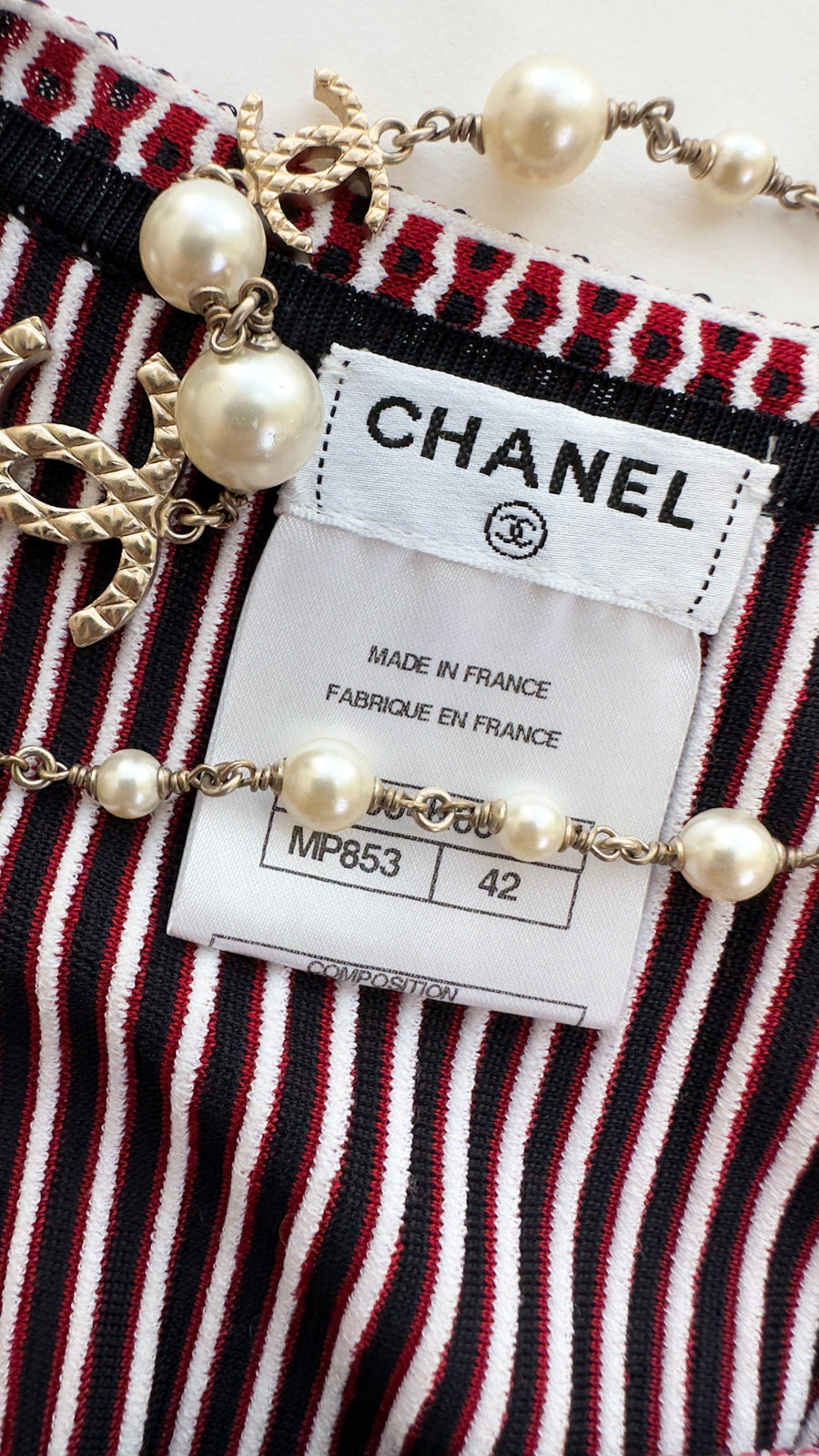 CHANEL 14S Wine Red White Stripe Stretch Knit Dress 40 42 シャネル ワイン レッド ホワイト ストライプ ストレッチ ニット ワンピース 即発