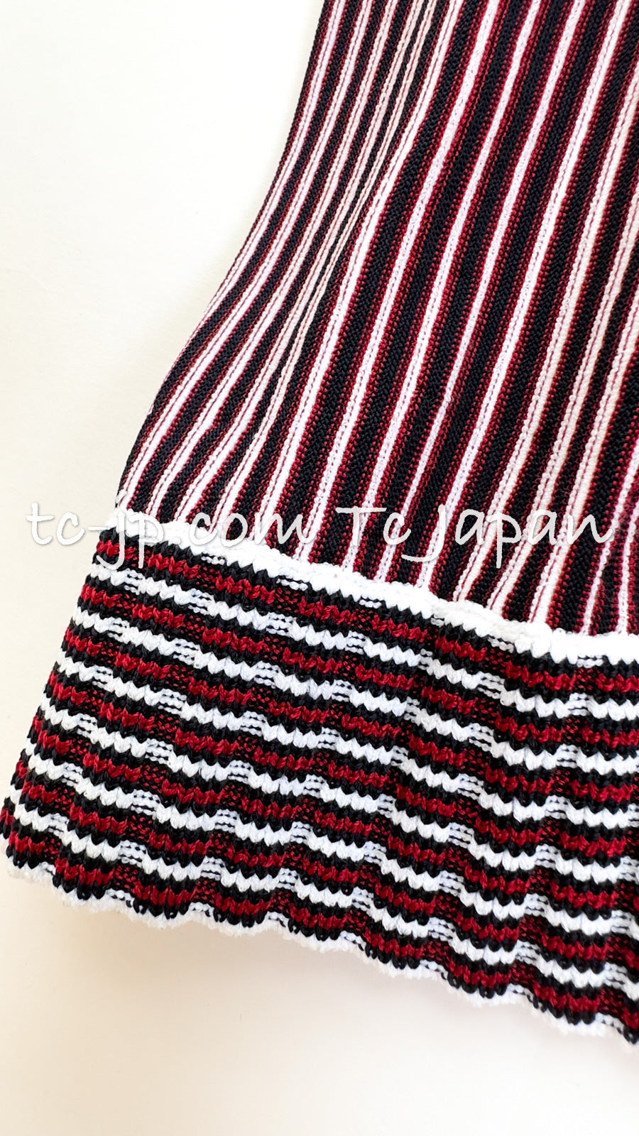 CHANEL 14S Wine Red White Stripe Stretch Knit Dress 40 42 シャネル ワイン レッド ホワイト ストライプ ストレッチ ニット ワンピース 即発