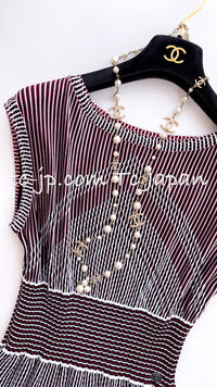 CHANEL 14S Wine Red White Stripe Stretch Knit Dress 40 42 シャネル ワイン レッド ホワイト ストライプ ストレッチ ニット ワンピース 即発