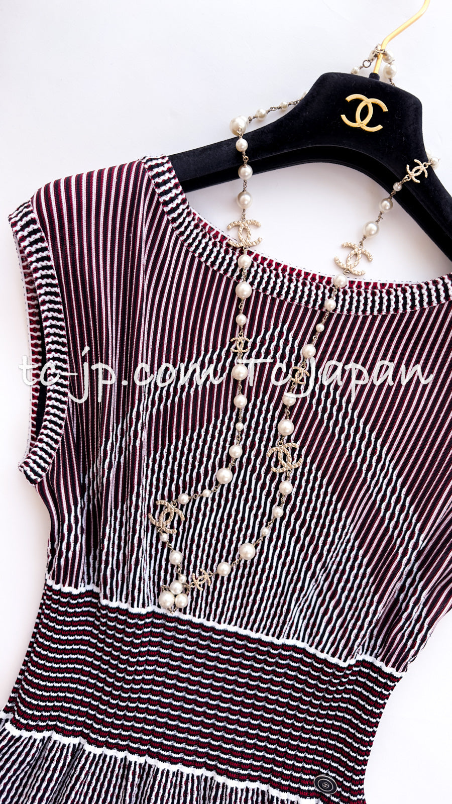 CHANEL 14S Wine Red White Stripe Stretch Knit Dress 40 42 シャネル ワイン レッド ホワイト ストライプ ストレッチ ニット ワンピース 即発