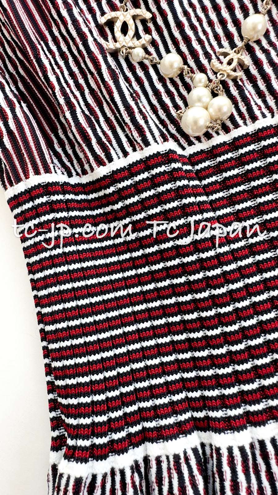 CHANEL 14S Wine Red White Stripe Stretch Knit Dress 40 42 シャネル ワイン レッド ホワイト ストライプ ストレッチ ニット ワンピース 即発